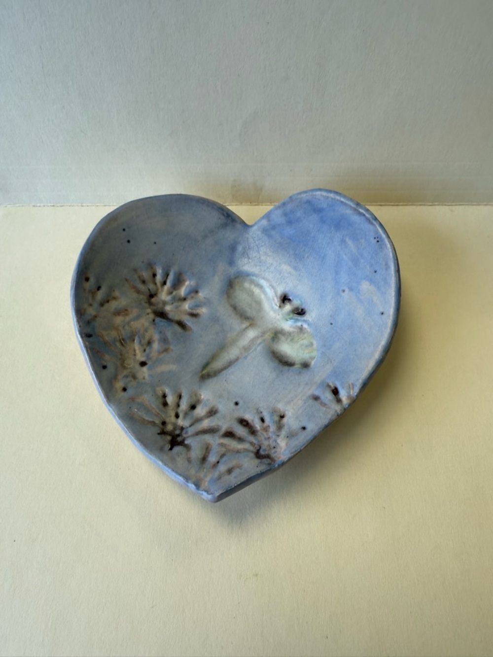 Handcrafted Blue Lavender Ceramic Heart Dragonfly Trinket Jewelry Dish Decor.